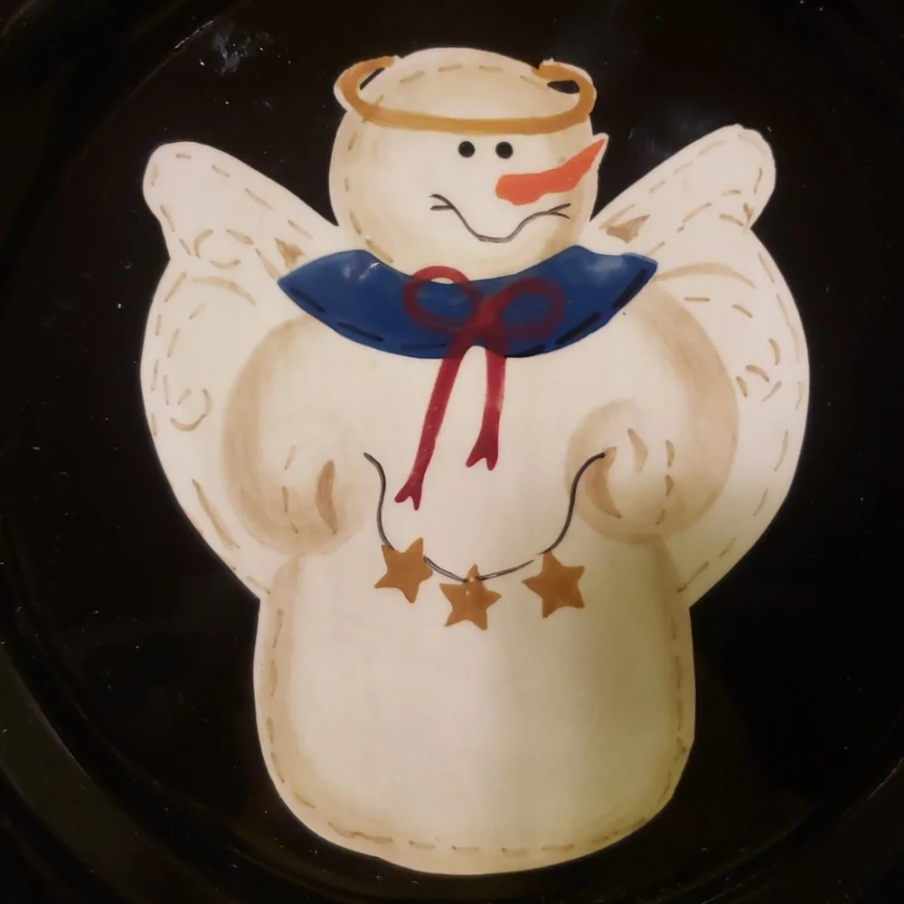 Vtg Set Of 4 Black Salad Dessert Plates Sonoma Snowman Angels